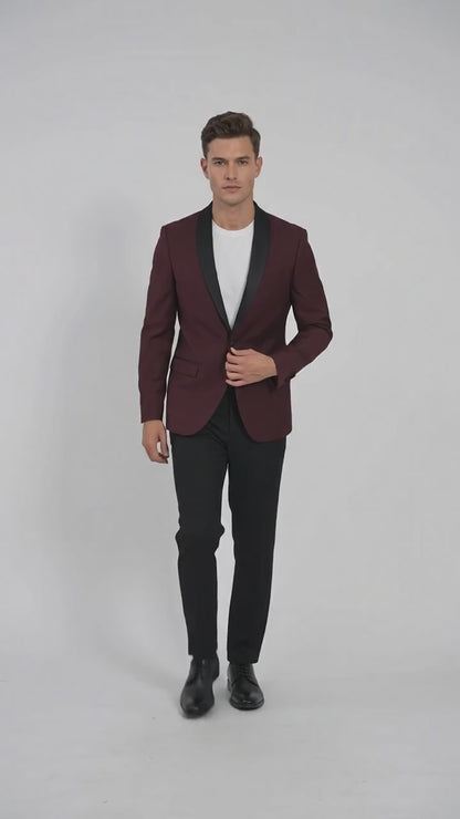 Men’s Burgundy Wool Dinner Jacket with Black Shawl Lapel, 1 Button Formal Tuxedo Blazer