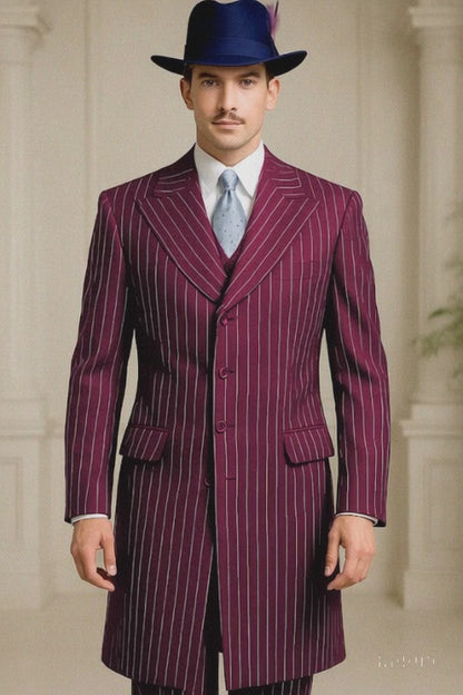 Mens Burgundy Pinstripe Suit  Classic Long Coat Style with White Stripes