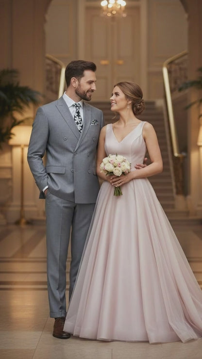 Mens Grey Tone on Tone Double-Breasted Suit  Classic Slim Fit 2 Piece Formal Business Gray Shadow Stripe