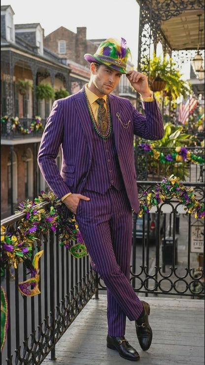 Men’s Purple Pinstripe Mardi Gras Suit | Three Piece Carnival Formal Suit with Vest