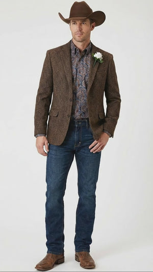 Men’s Brown Western Tweed Herringbone Blazer Jacket – Classic Cowboy Style Sport Coat for Wedding Party