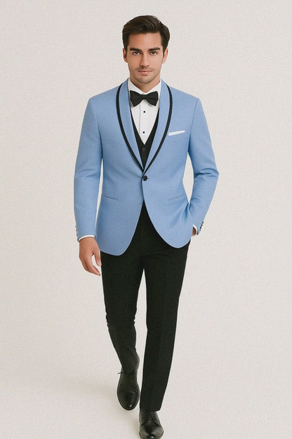 Mens Designer Satin Trim Valencia Tuxedo in Sky Blue