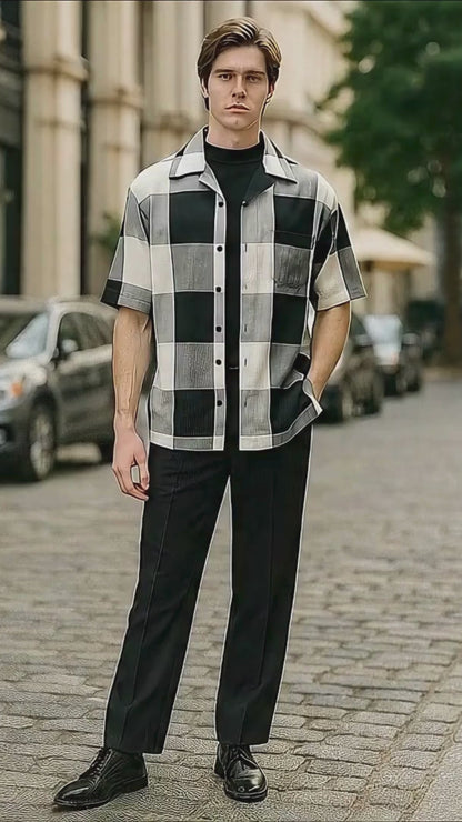 Mens Black and White Checkered Short Sleeve Shirt Set  Casual Two-Piece Summer Outfit