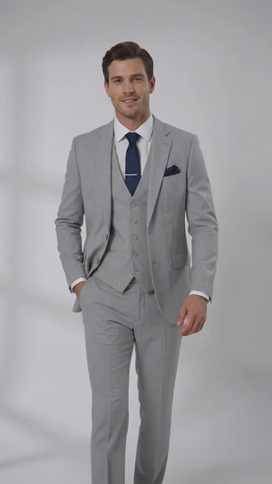 Men’s Silver & Navy Blue 3-Piece Suit – Wedding, Business and Formal Suit with Free Matching Tie