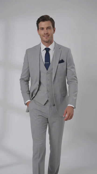 Men’s Silver & Navy Blue 3-Piece Suit – Wedding, Business and Formal Suit with Free Matching Tie