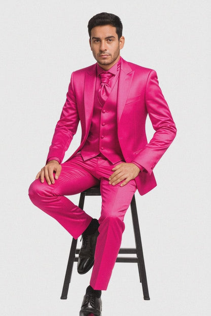 SKU#JA61711 Mens Shiny Blazer - Hot Pink Sateen Vested Suit