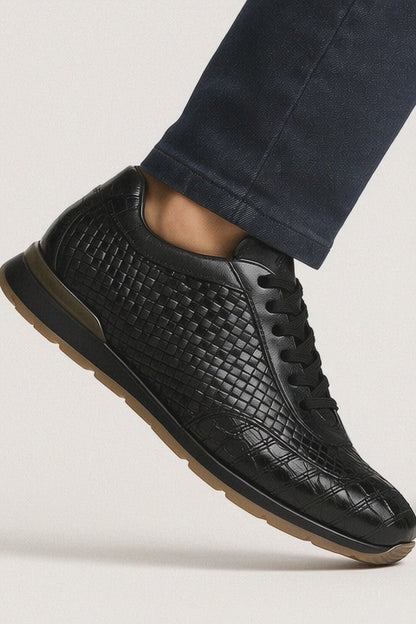 Marco Di Milano Roma Men's Shoes Black Genuine Caiman Crocodile / Woven Leather Fashion Sneakers