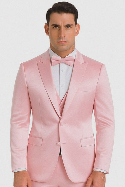 Tazzio Men's Dusty Rose Satin Double Breasted 3 Piece Slim Fit Suit with Peak Lapel  Elegant Formalwear