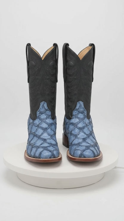 Men's Los Altos Genuine Monster Fish Leather Square Toe Boots - Blue
