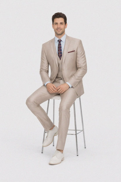 Mens Tazio Vested Slim Fit Shiny Sharkskin Suit in Champagne