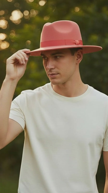 Mens Coral Pink Wide Brim Fedora Hat Wool Felt Dress Hat with Red Ribbon Band