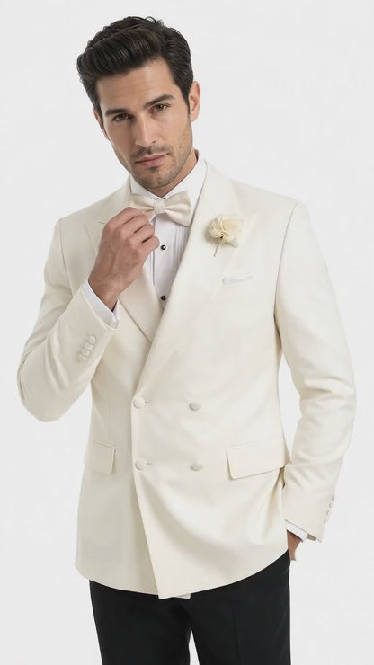 Men’s Ivory Double Breasted Dinner Jacket, Peak Lapel Formal Wedding Prom Tuxedo Blazer in cream off white color