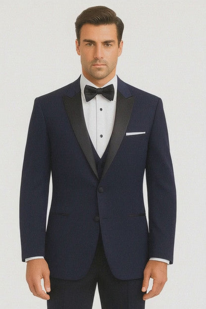 Mens Designer Satin Peak Blake Tuxedo in Navy