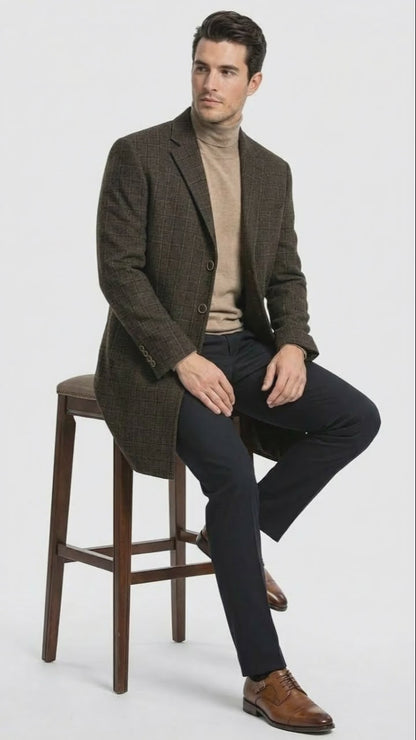 Mens Brown Checkered Wool Overcoat  Long Winter Coat with Classic Plaid Pattern By Statement