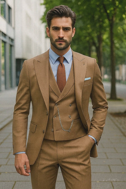 Stylish Camel Brown Three-Piece Suit  Modern Groom Attire