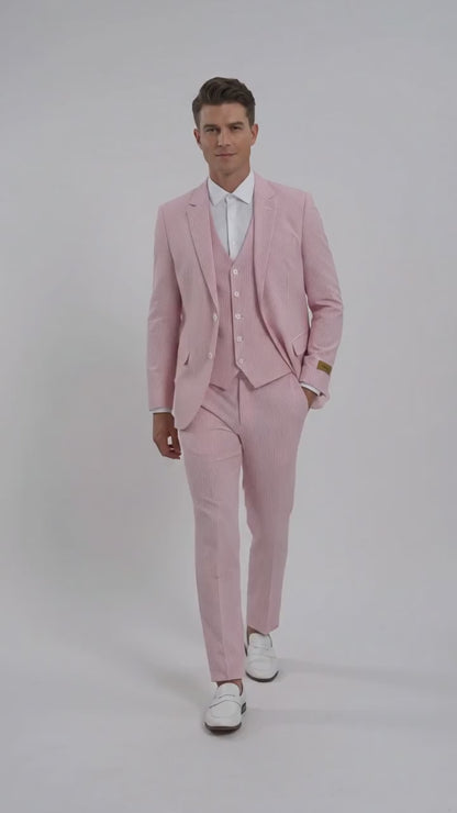 Men’s Red Pinstripe Seersucker Suit – 2 Piece Summer Suit Jacket and Pants