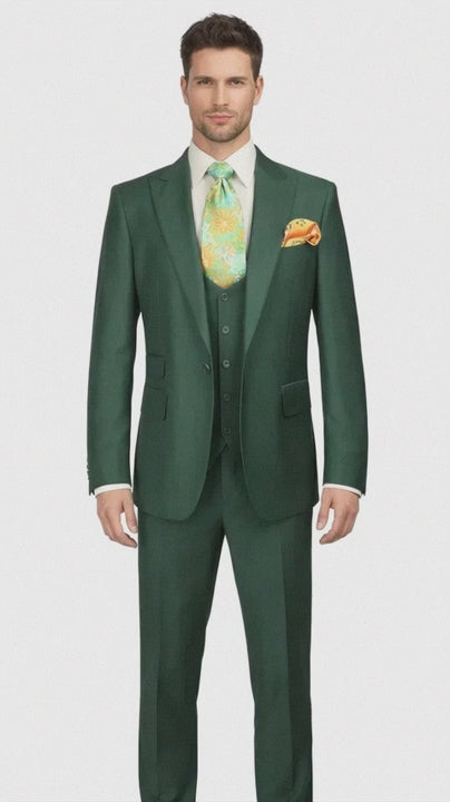 Rossiman Hunter Green Slim Fit Men's Suit ?? 3-Piece Vested Set with Flat Front Trousers