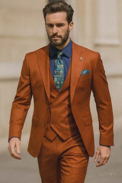 Bold Orange Formal Suit  Mens 3-Piece Set with Vest & Tie