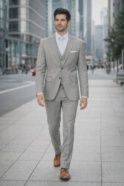 Mens Designer 2 Button Peak Lapel Grenada Prom Tuxedo Suit in Light Grey