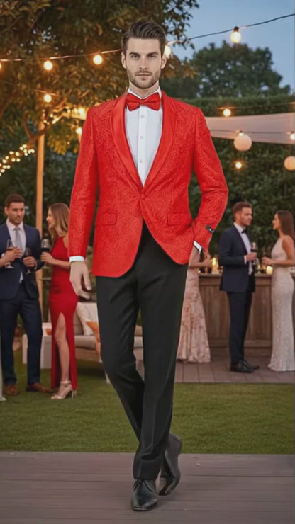 Big and Tall Mens Red Paisley Tuxedo Jacket  Satin Shawl Lapel Blazer with Bow Tie - Christmas Jacket