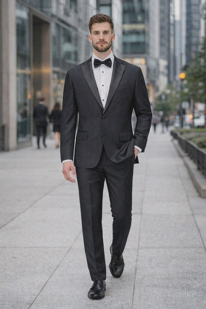 Mens Tiglio Modern Fit Black Wool Tuxedo – Classic Satin Lapel Formal Suit