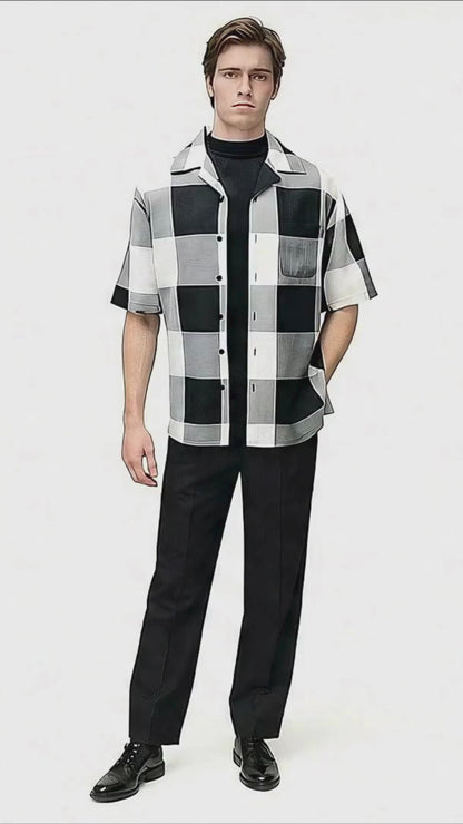 Mens Black and White Checkered Short Sleeve Shirt Set  Casual Two-Piece Summer Outfit
