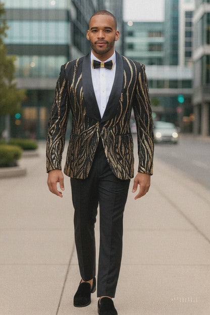 Black Tuxedo - Shawl Lapel Black and Gold Sequin Prom Tuxedo Mens Wedding Suit - Black Prom Suit