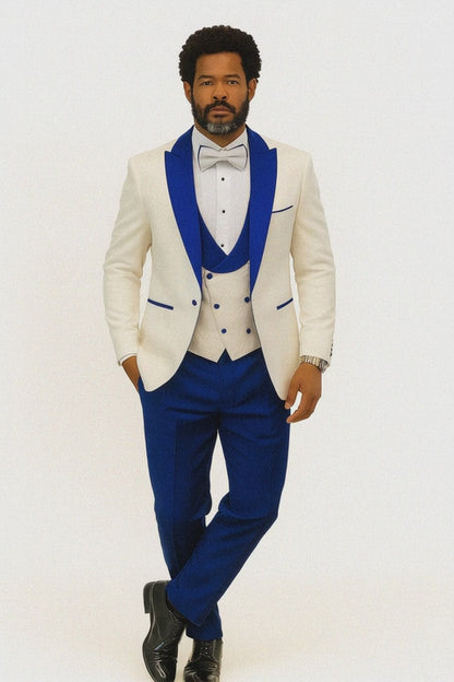 Hilton White and Royal Blue Paisley Peak Lapel Tuxedo Jacket with Matching Shawl Vest and Wool Pants  Includes Bow Tie