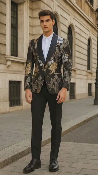 Mens Black and Gold and Silver Floral Jacquard Blazer with Satin Shawl Lapel Tuxedo Suit With Black Pants with Bowtie