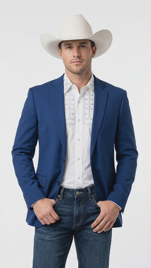 Men’s Dark Royal Blue Western Blazer – Cowboy Sport Coat Jacket with Two-Button Front Saphire Indigo Cobalt Blue