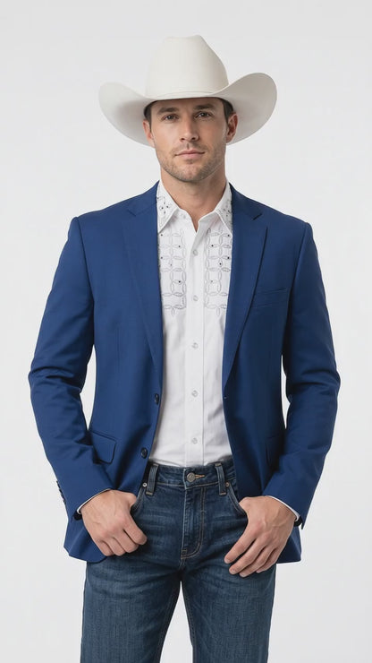 Men’s Dark Royal Blue Western Blazer – Cowboy Sport Coat Jacket with Two-Button Front Saphire Indigo Cobalt Blue