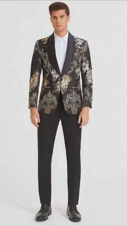 Mens Black and Gold and Silver Floral Jacquard Blazer with Satin Shawl Lapel Tuxedo Suit With Black Pants with Bowtie