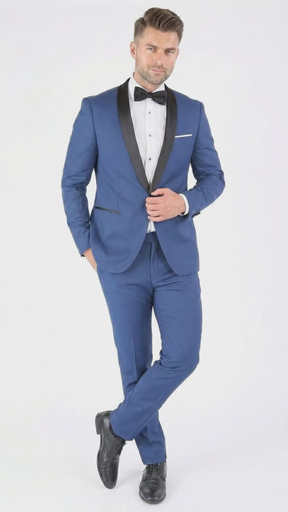 Men’s Indigo Shawl Prom Tuxedo with Black Lapel, One Button Jacket and Matching Pants