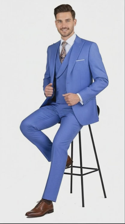 Mens Light Blue Double-Breasted 3-Piece Suit Set  Tailored Fit Formal Business Suit in Steel Blue Sky Blue Color