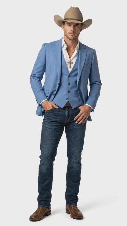 Mens Steel Blue Denim Color Western Blazer - Cowboy Jacket Country Look Matching Vest 2 Button Sport Coat