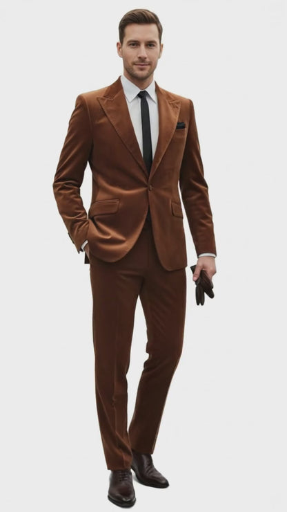 Mens Brown Velvet 2-Piece Suit  Luxury Slim Fit Formal Blazer and Pants Set in Rust Copper Color