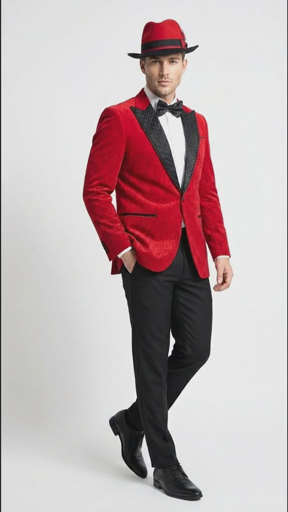 Men’s Red Velvet Fabric Rhinestone  Blazer with Matching Red and Black Hat – Christmas New Year Holiday Party Jacket Set