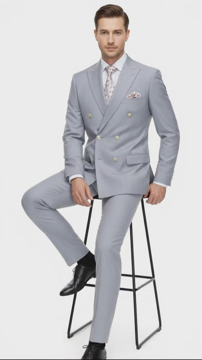 Mens Silver Grey Double-Breasted 3-Piece Suit  Classic Tailored Fit with Peak Lapel and Gold Buttons for Weddings, Church and Formal Events