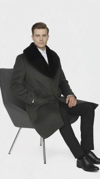 Mens Full Length Olive Overcoat with Black Fur Collar  Luxury Wool Fabric Winter Long Coat in Hunter Green