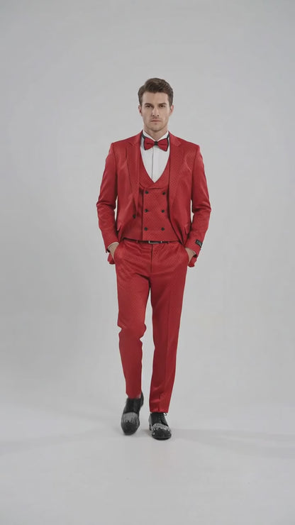Tazio Men’s Cherry Red and Black  Polka-Dot 3-Piece Suit – Skinny Fit Prom, Wedding and Party Suit or Tuxedo