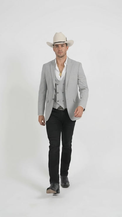Men’s Light Gray Western Suit Blazer with Double-Breasted Vest – Modern Cowboy Formal Outfit