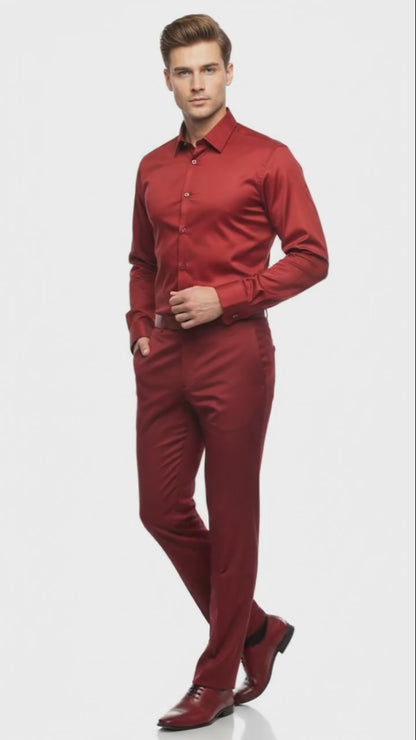 Mens Red Satin Dress Shirt  Luxury Long Sleeve Formal Shirt for Parties, Weddings, and Business Wear