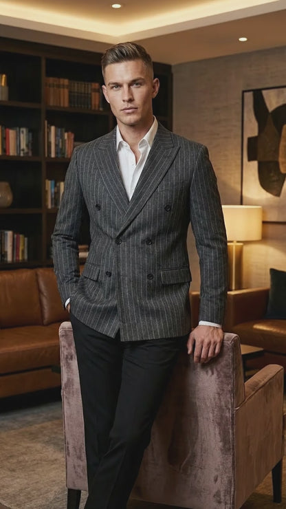 Mens Charcoal Gray Pinstripe Double Breasted Blazer Sport Coat – Classic Formal Business Jacket for Office and Smart Casual Wear
