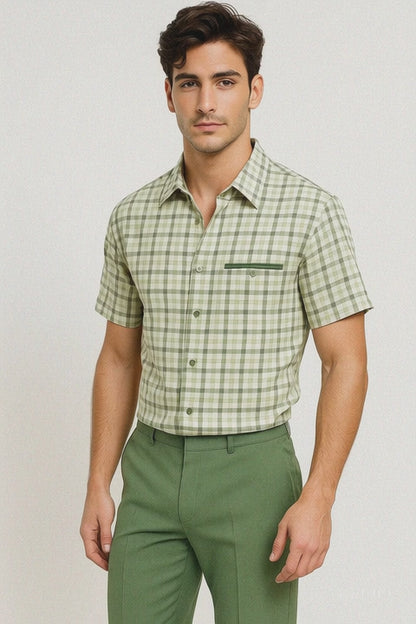 Mens Plaid Walking Suit in Sage by Dreams by Zacchi  2 Piece Leisure Outfit with Matching Shirt and pant - $99