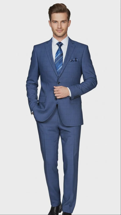 Mens Indigo Navy Blue Windowpane Check Suit  Classic 2-Piece Formal Business and Wedding Wear Set in Cobalt Blue