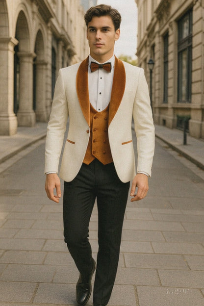 Mens Groom Wedding Shawl Collar - Paisley Burnt Orange Velvet 4pc Suit W/ Matching Bowtie