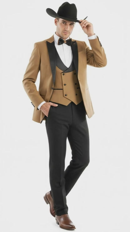 Mens Western Cowboy Tuxedo  Tan and Black 3-Piece Suit with Satin Lapel and Vest in Mocca Coffee Color