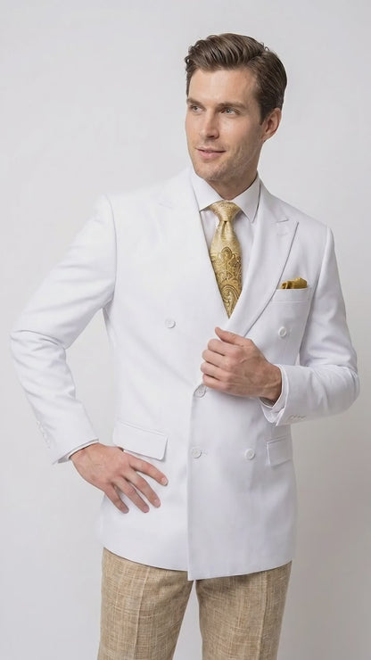 Men’s White Double Breasted Blazer, Formal Dress Jacket for Weddings, Prom, Parties, Dinner Events, and Special Occasions