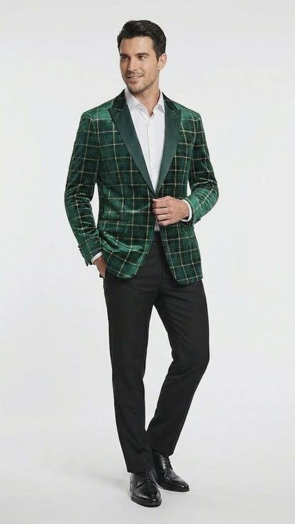 Men’s Green and Gold Plaid Christmas Holiday Blazer – Classic Check Party Jacket for New Year, Wedding and Festive New Year event
