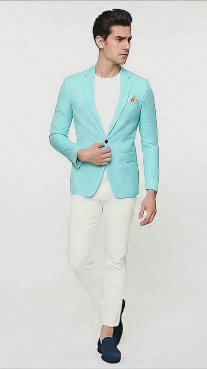 Men's Aqua Blazer - Slim Fit One Button Suit Jacket with Stylish Floral Inner Lining - Light Turquoise